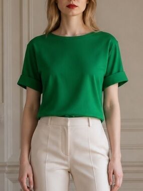 Lauren Ralph Lauren Green Knit Top | Rolled Sleeve | Petite Small